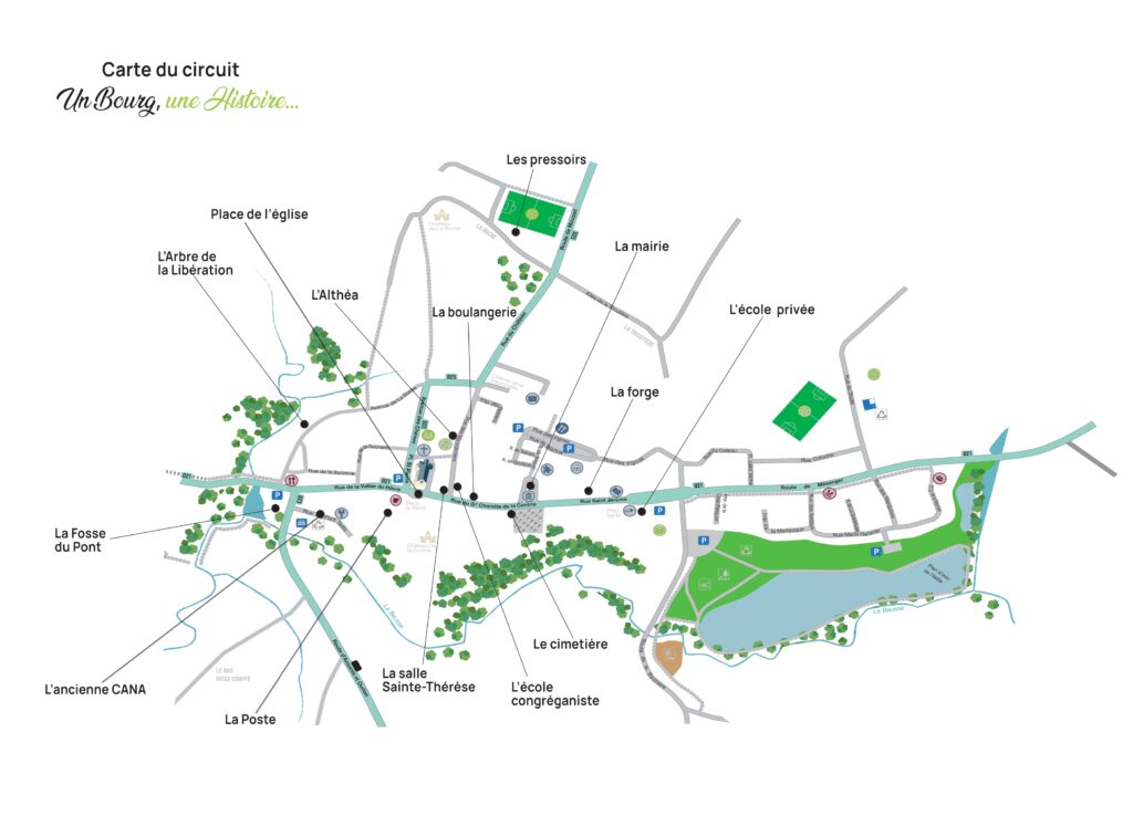 Plan du circuit du parcours patrimonial Un bourg, une histoire avec situation de chaque panneau à découvrir.
